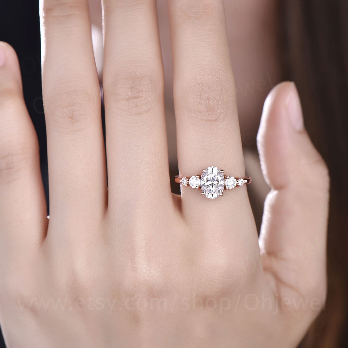 Oval cut moissanite engagement ring five stone ring vintage rose gold ring custom dainty jewelry promise ring for her unique wedding ring