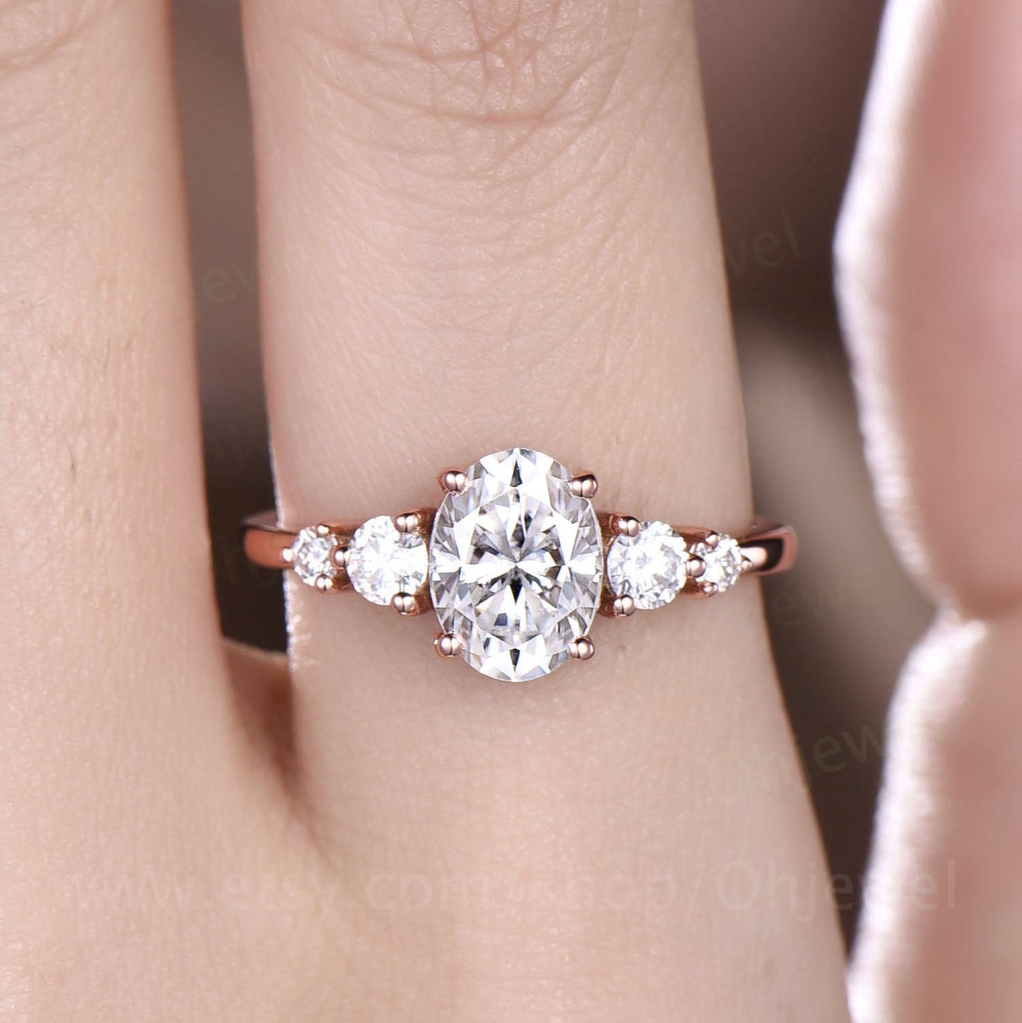 Oval cut moissanite engagement ring five stone ring vintage rose gold ring custom dainty jewelry promise ring for her unique wedding ring