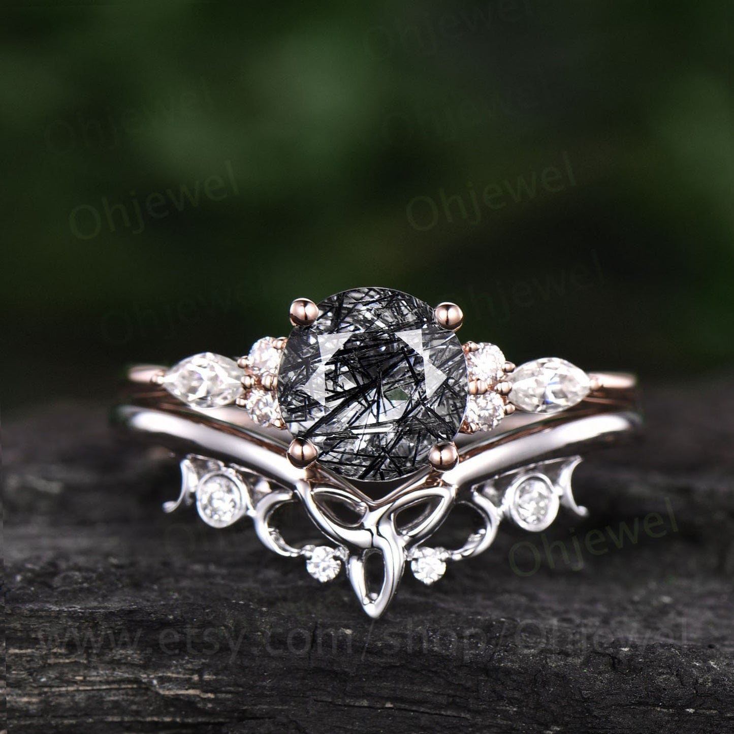 Vintage round black rutilated quartz engagement ring set 14k rose gold marquise moissanite wedding ring set for women Norse Viking Jewelry