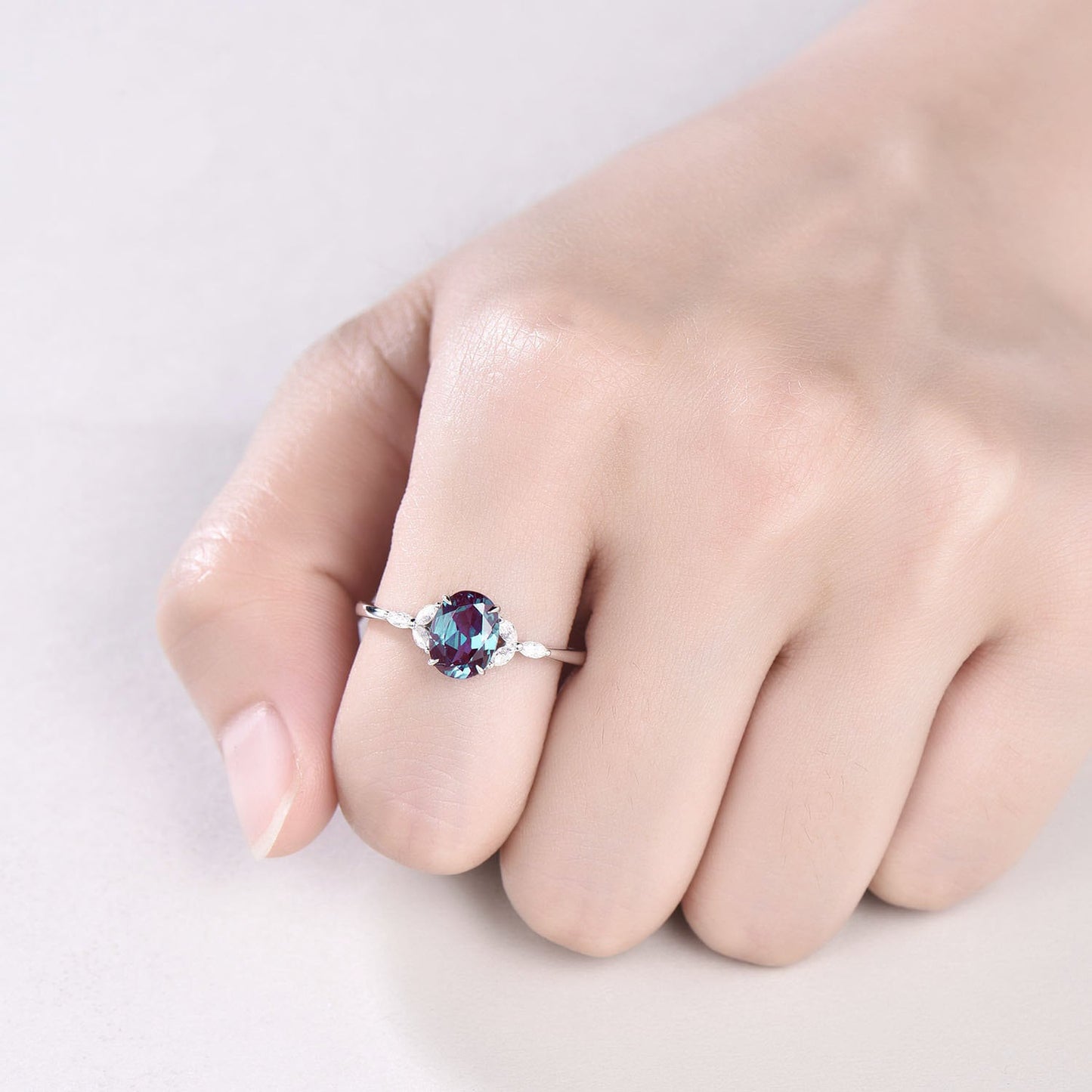 Alexandrite ring vintage oval cut engagement ring flower unique white gold engagement ring cluster moissanite ring anniversary ring gifts