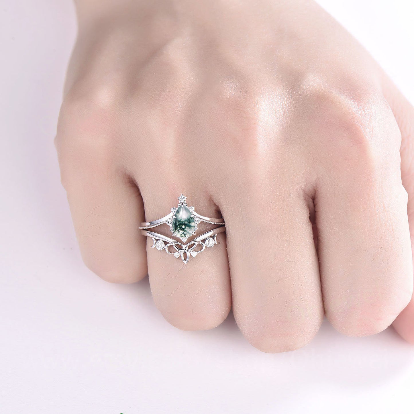 Vintage agate engagement ring set milgrain unique white gold ring set organic gemstone ring art deco moissanite ring set promise ring set