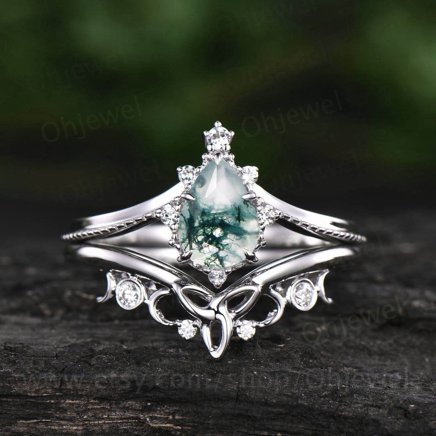 Vintage agate engagement ring set milgrain unique white gold ring set organic gemstone ring art deco moissanite ring set promise ring set