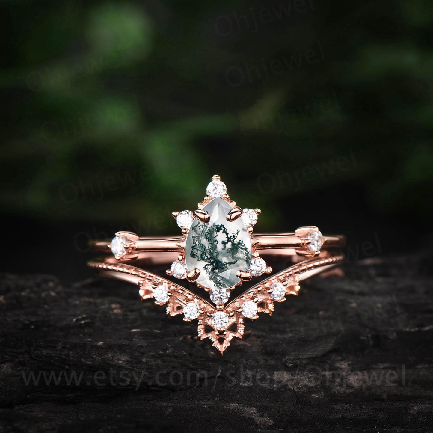 Unique anniversary ring set vintage moss agate engagement ring set Milgrain moissanite ring set pear bridal ring set organic gemstone ring