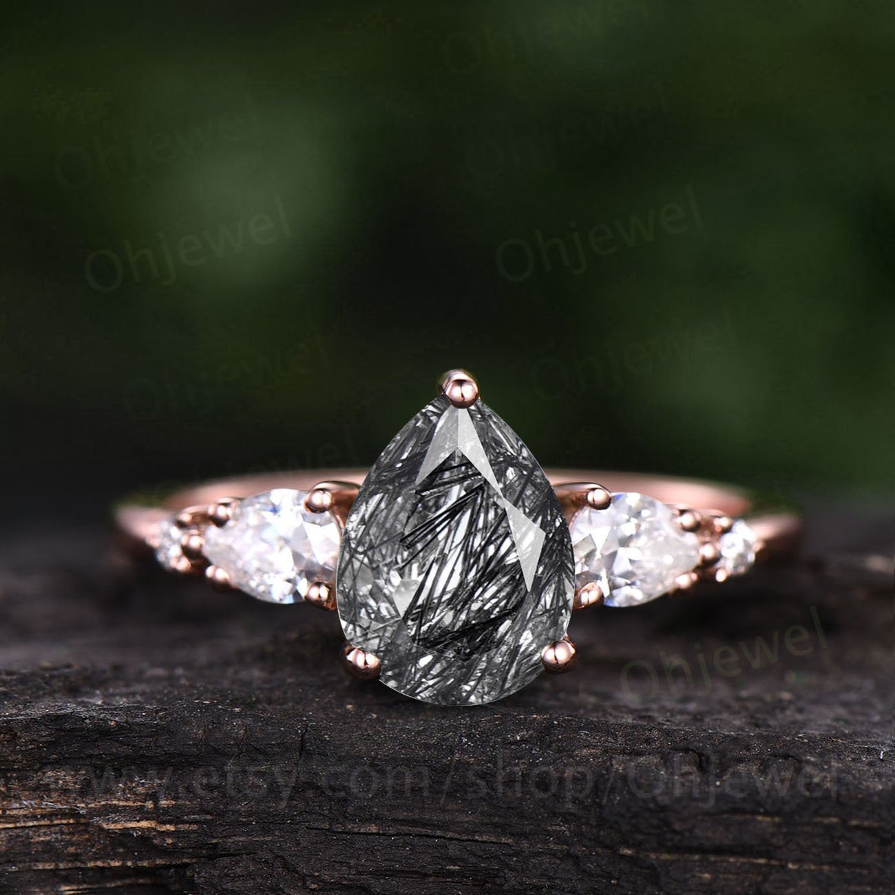 Vintage black rutilated quartz engagement ring five stone Pear shaped bridal ring unique moissanite ring rose gold wedding ring for women