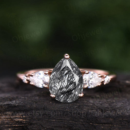 Vintage black rutilated quartz engagement ring five stone Pear shaped bridal ring unique moissanite ring rose gold wedding ring for women