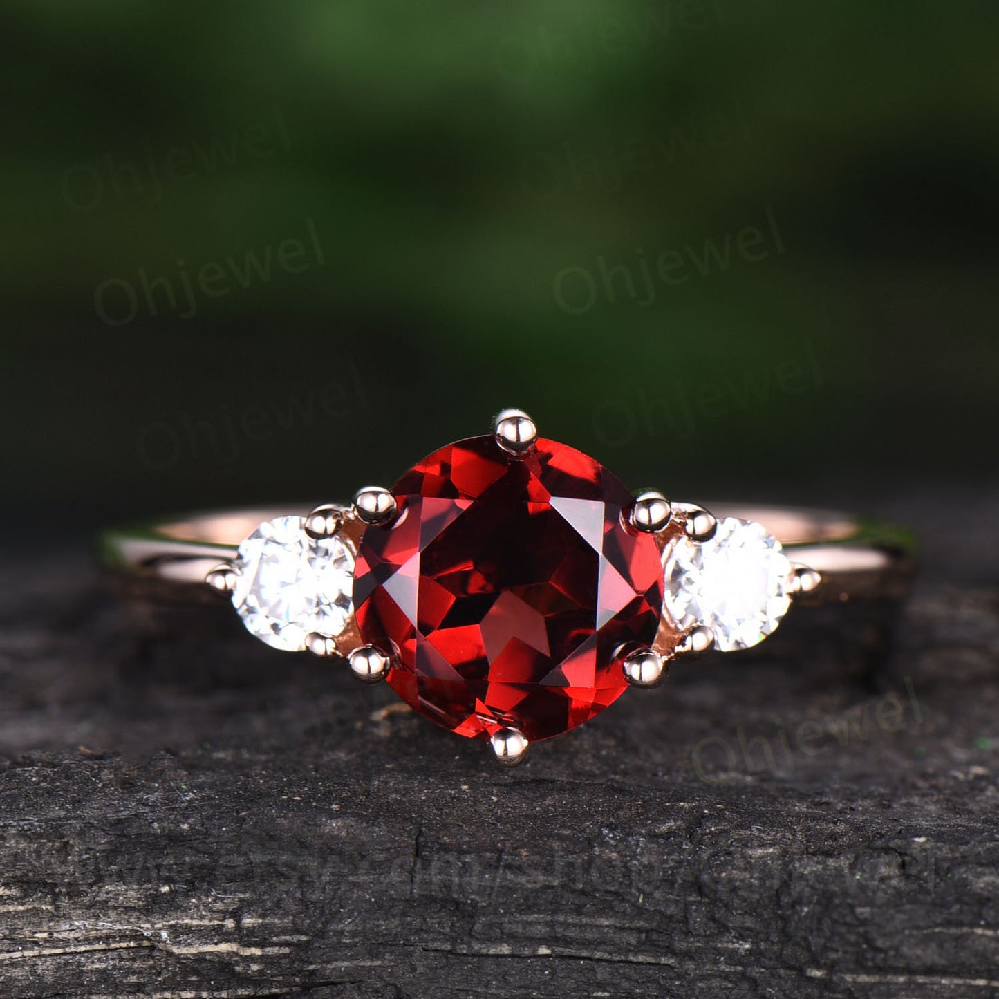 Three stone moissanite ring round red garnet engagement ring solid rose gold garnet ring vintage women wedding bridal ring jewelry gift