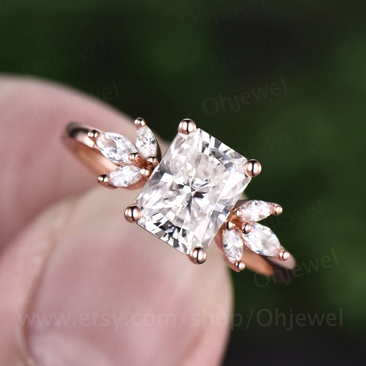 Radiant cut moissanite engagement ring vintage rose gold ring cluster marquise moissanite ring unique anniversary ring dainty jewelry gift