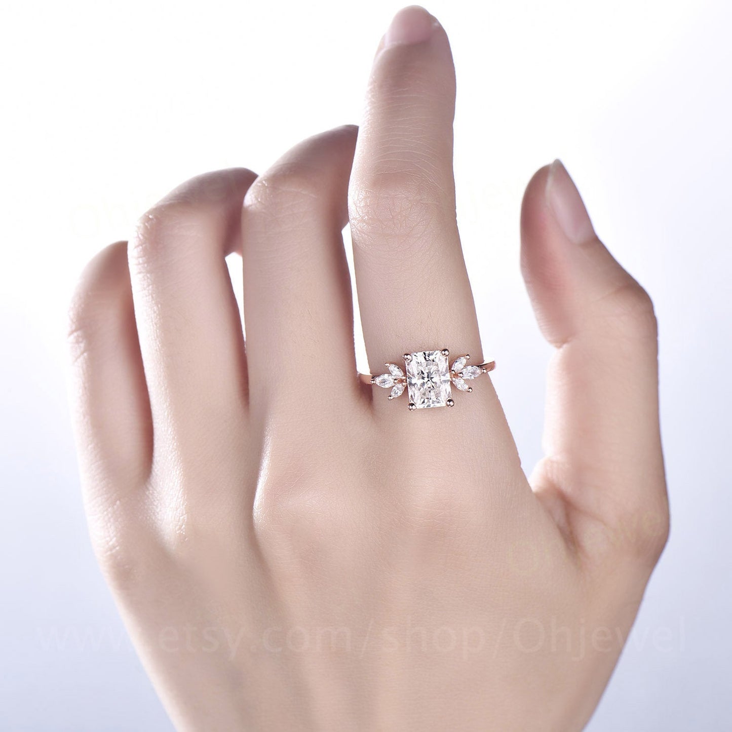 Radiant cut moissanite engagement ring vintage rose gold ring cluster marquise moissanite ring unique anniversary ring dainty jewelry gift