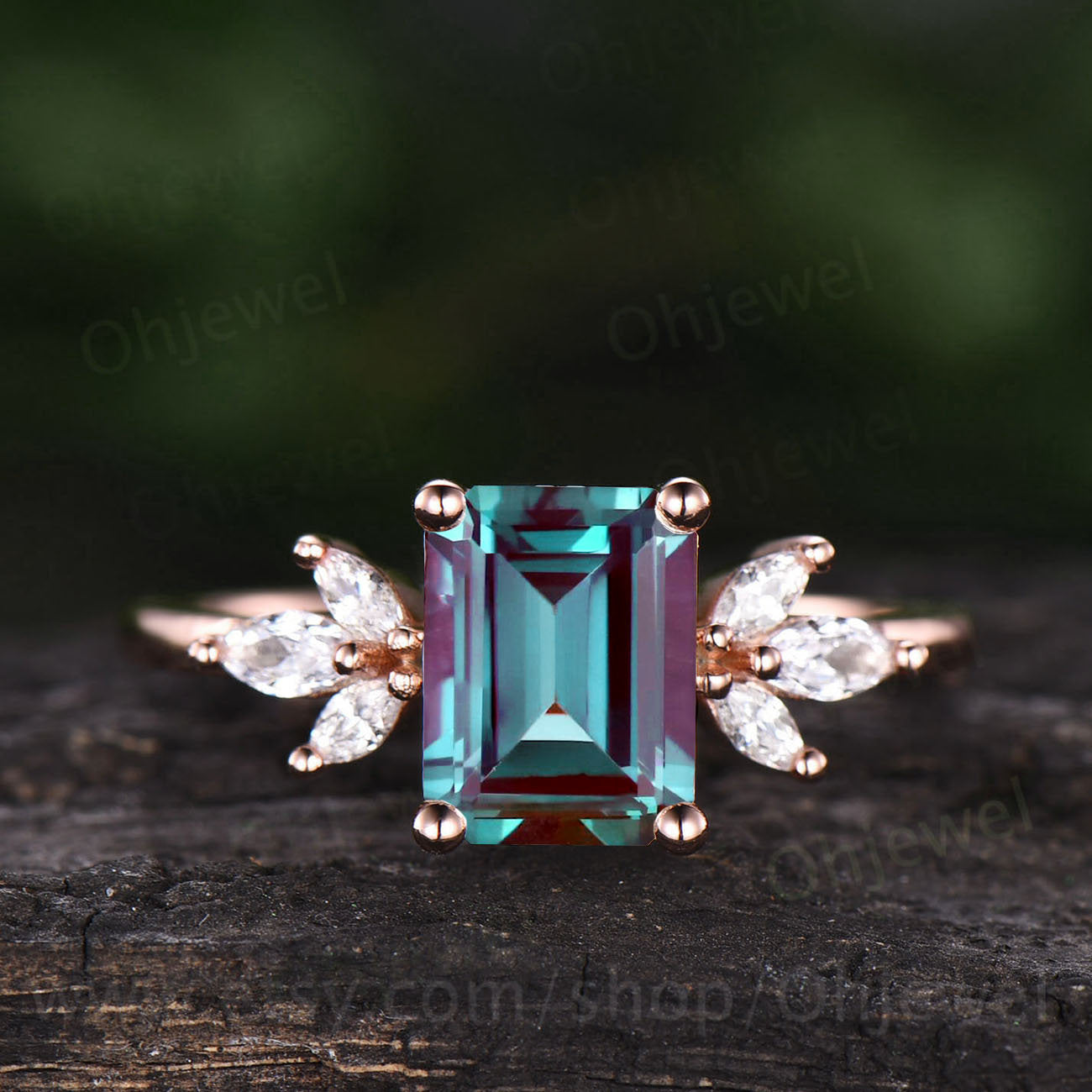 Emerald cut Alexandrite engagement ring 7 stone ring rose gold ring marquise ring unique moissanite ring for women color change stone ring