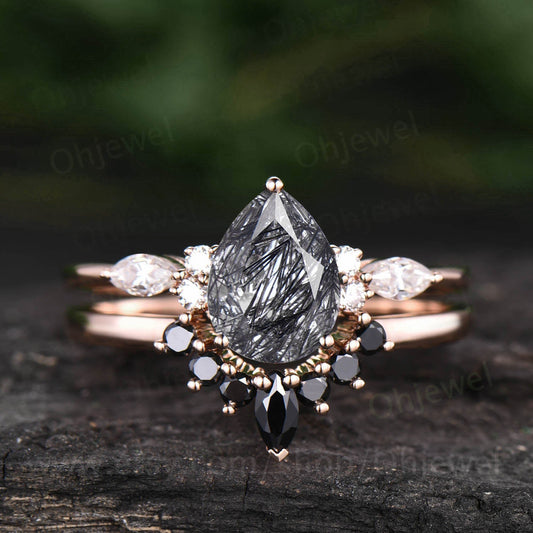 Pear shaped black rutilated quartz engagement ring set black diamond ring set marquise ring set 7 stone ring unique bridal set jewelry gift