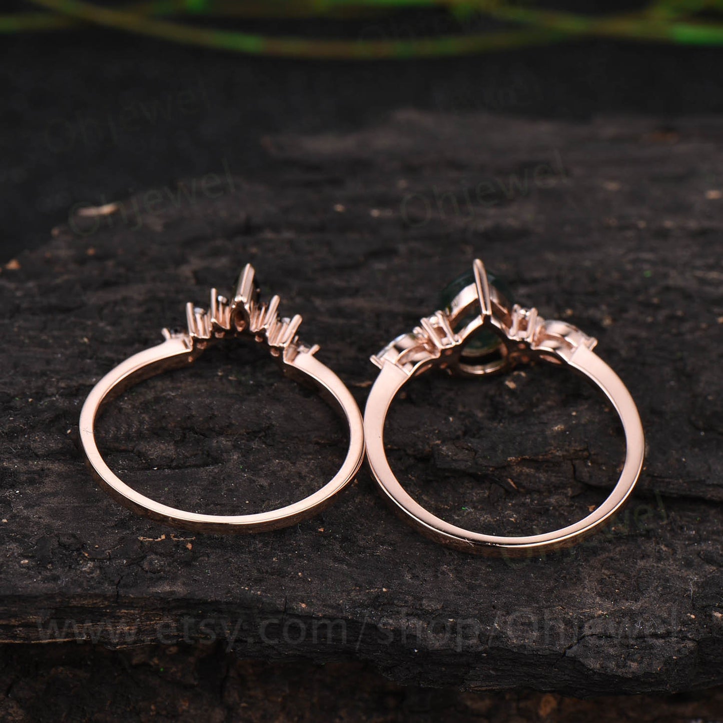 Pear shaped black rutilated quartz engagement ring set black diamond ring set marquise ring set 7 stone ring unique bridal set jewelry gift