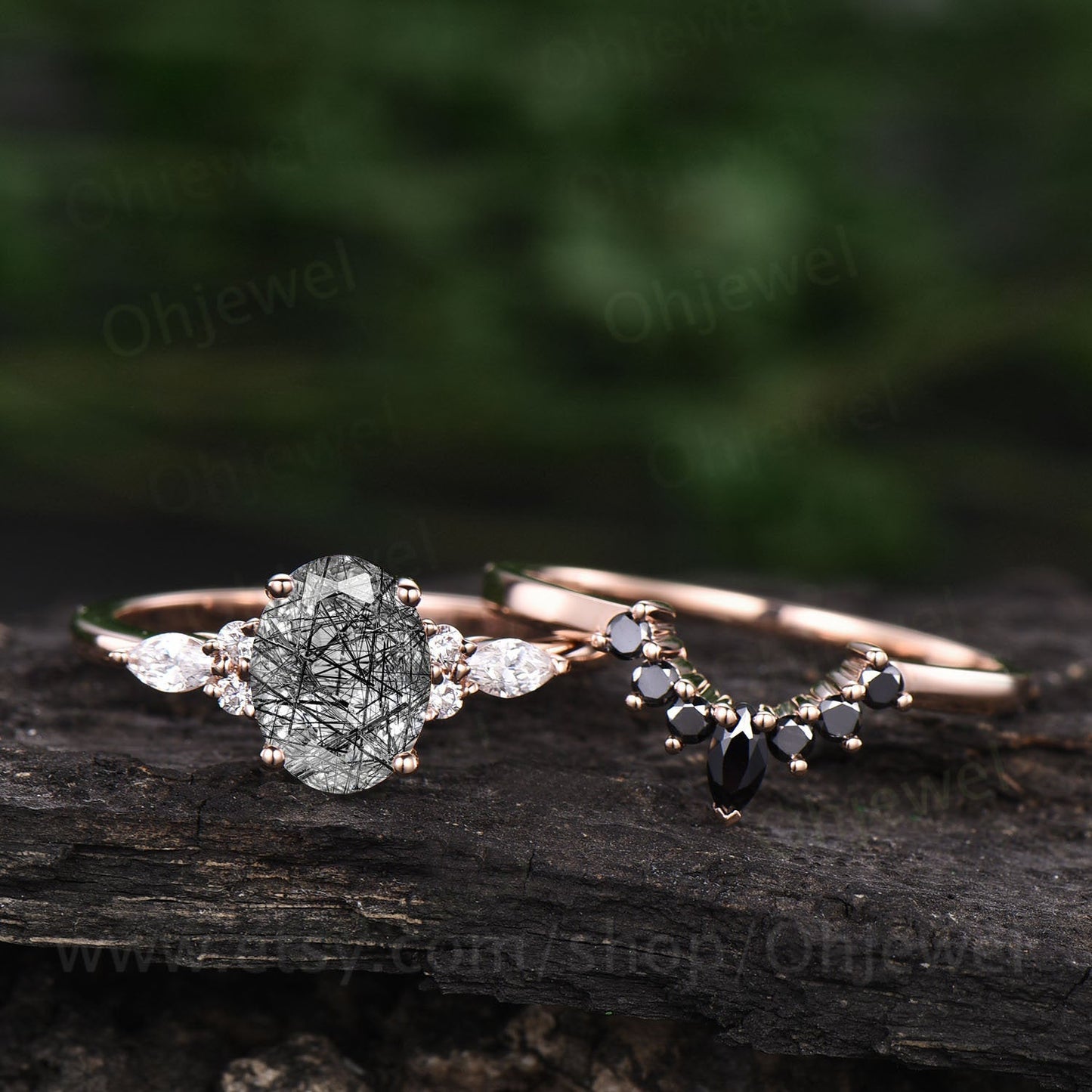 Oval cut black rutilated quartz engagement ring set rose gold ring set black diamond ring set marquise 7 stone ring wedding bridal set gift
