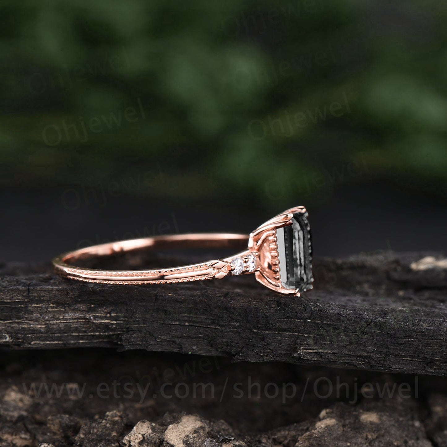 Emerald cut black rutilated quartz engagement ring milgrain five stone diamond ring black stone ring rose gold sterling silver jewelry gifts