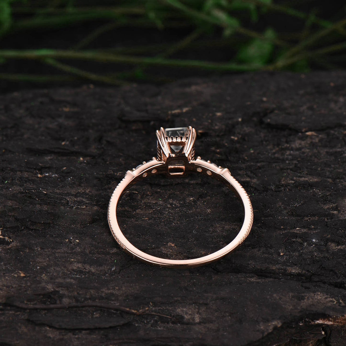 Emerald cut black rutilated quartz engagement ring milgrain five stone diamond ring black stone ring rose gold sterling silver jewelry gifts
