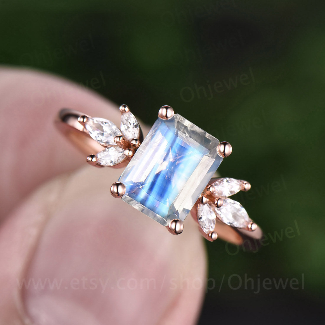 Emerald cut moonstone engagement ring rose gold vintage ring unique moissanite ring marquise ring set June birthstone ring anniversary gift