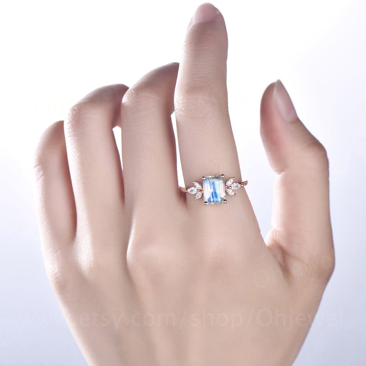 Emerald cut moonstone engagement ring rose gold vintage ring unique moissanite ring marquise ring set June birthstone ring anniversary gift