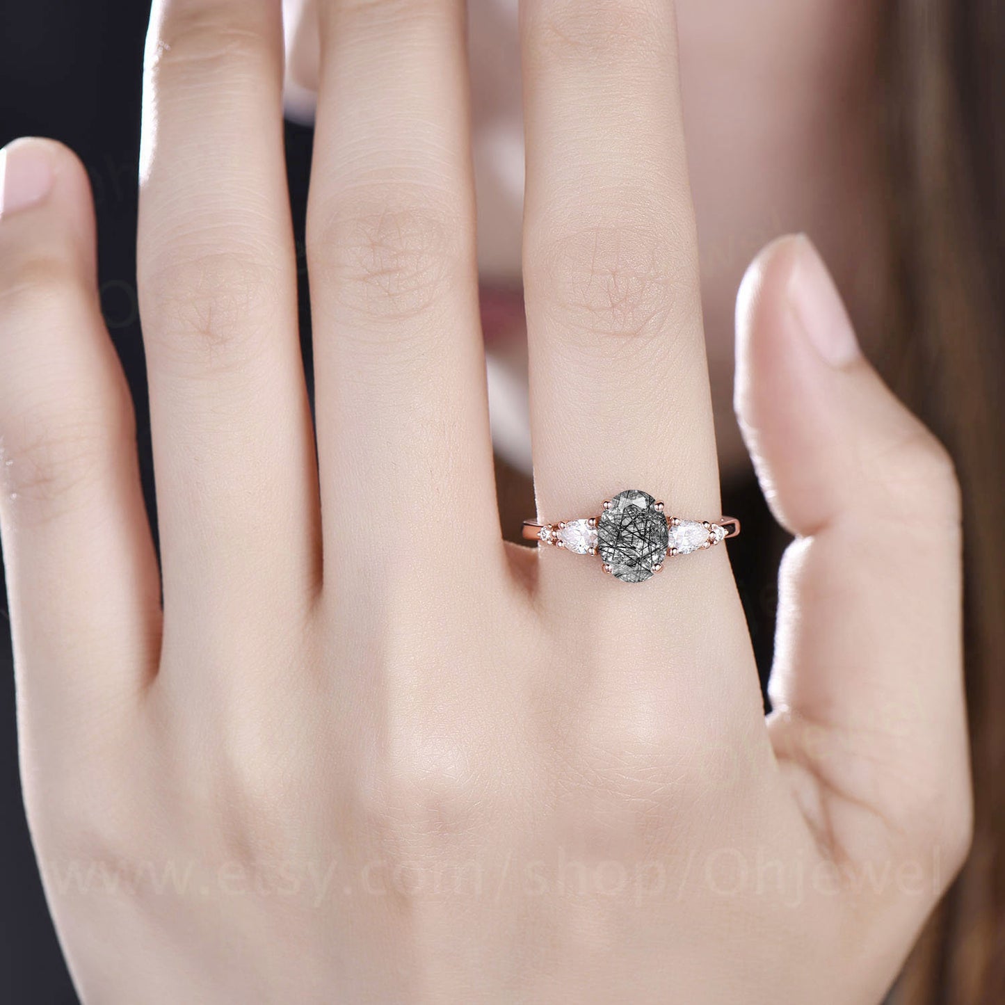 Vintage black rutilated quartz engagement ring for women rose gold moissanite ring oval cut bridal ring custom jewelry unique wedding ring