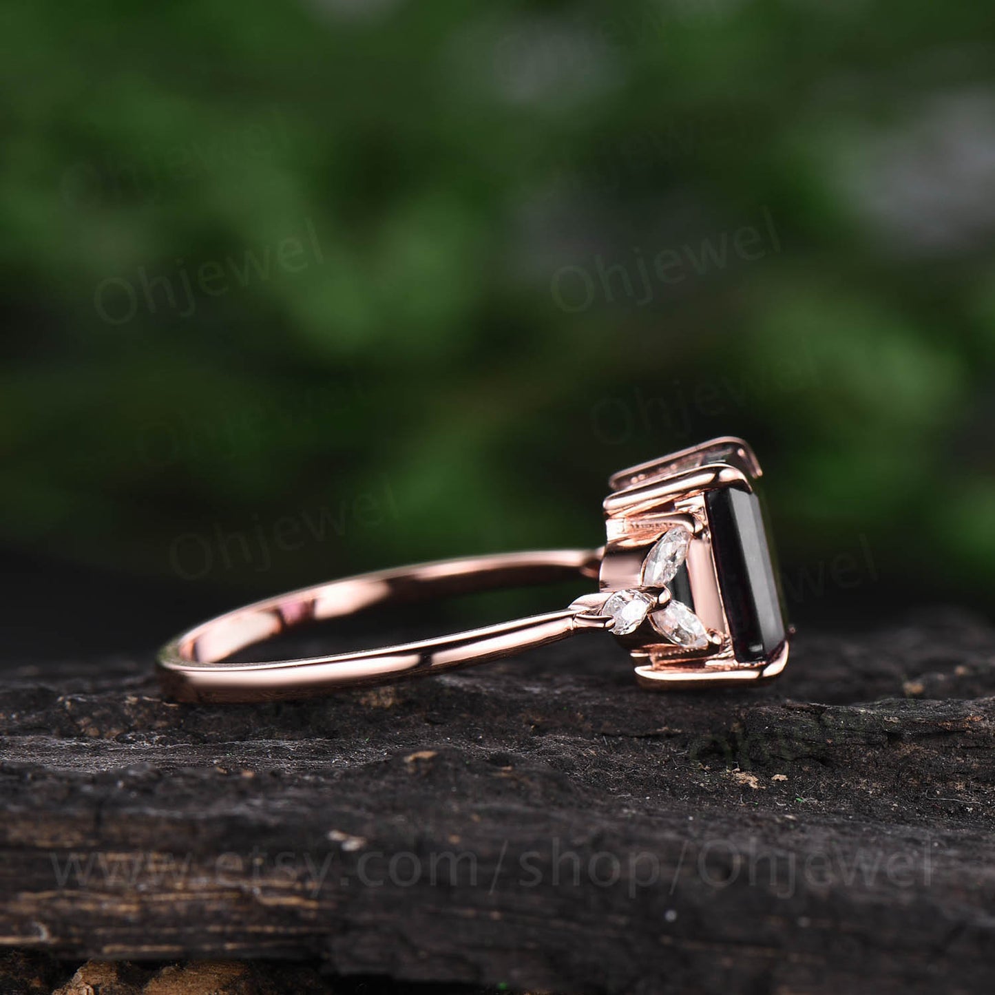 Vintage emerald cut black quartz rutilated engagement ring for women 7 stone ring art deco moissanite ring rose gold ring black stone ring