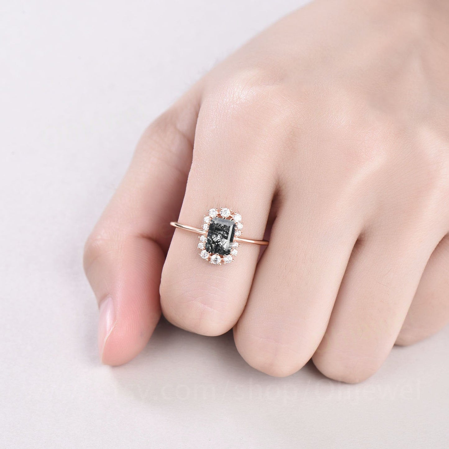 Emerald cut black quartz rutilated engagement ring cluster halo unique moissanite engagement ring vintage rose gold ring for women gift