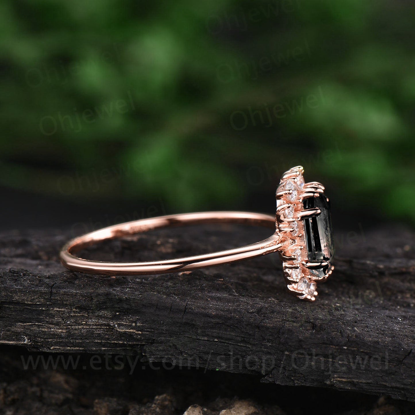 Emerald cut black quartz rutilated engagement ring cluster halo unique moissanite engagement ring vintage rose gold ring for women gift