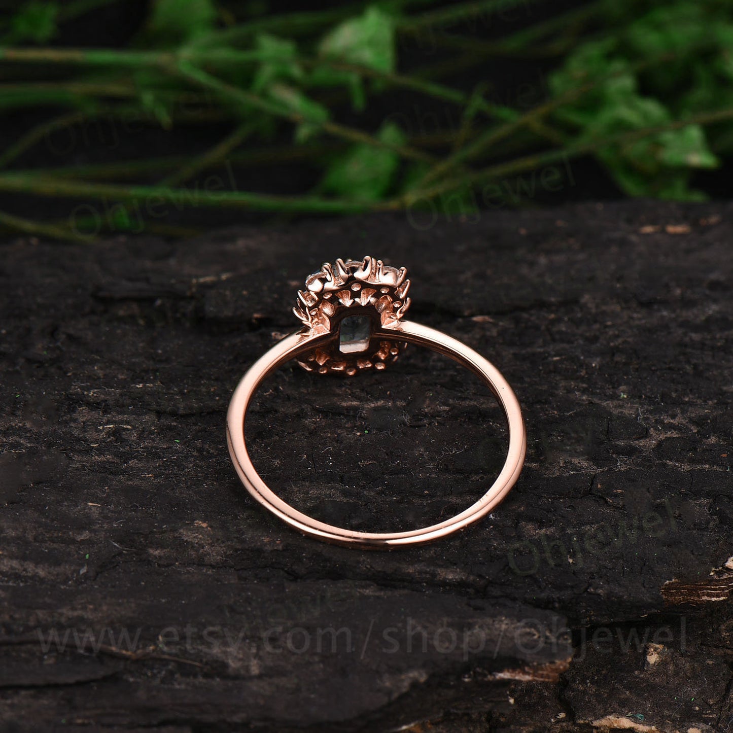 Emerald cut black quartz rutilated engagement ring cluster halo unique moissanite engagement ring vintage rose gold ring for women gift