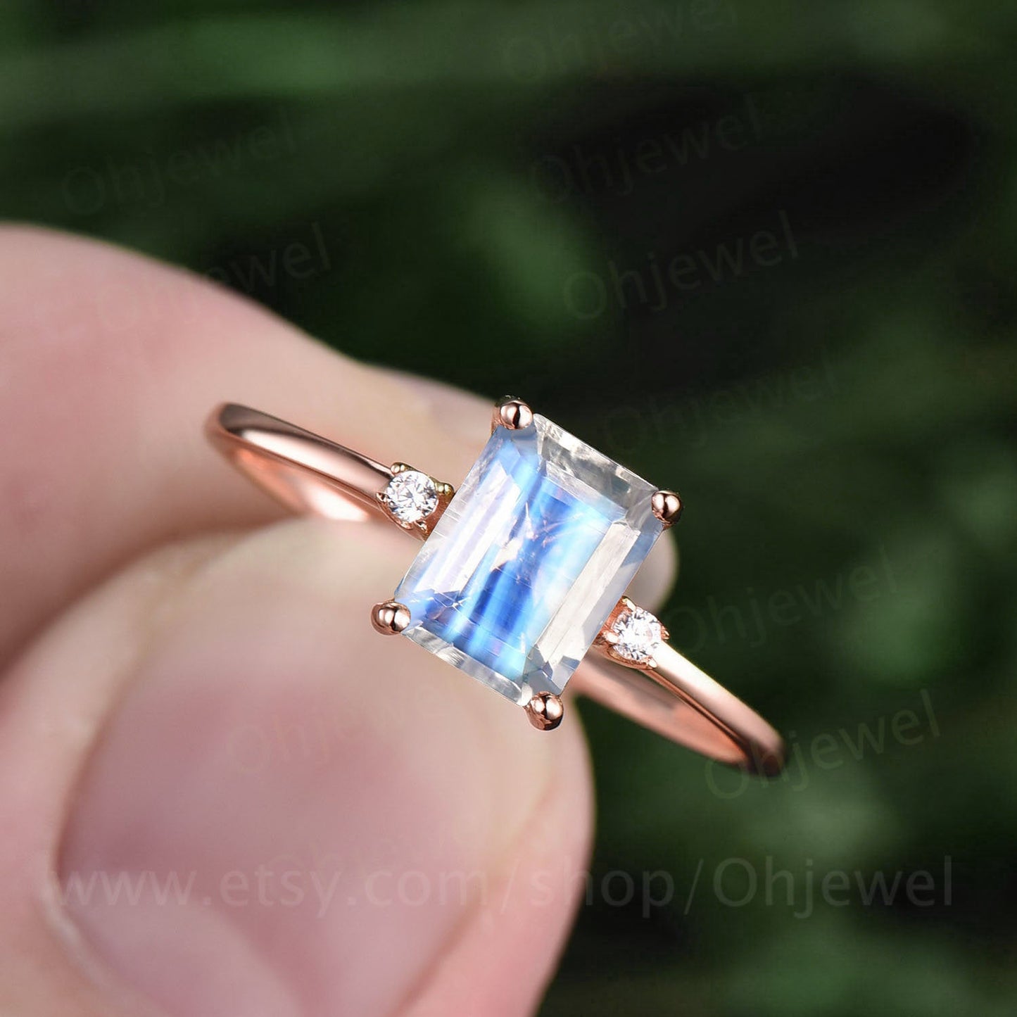 Three stone ring vintage emerald cut moonstone engagement ring rose gold bridal ring unique diamond ring for women June birthstone ring gift