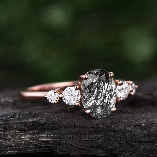 Oval cut black rutilated quartz engagement ring rose gold five sotne moissanite vintage Art deco Dainty unique Anniversary promise ring gift