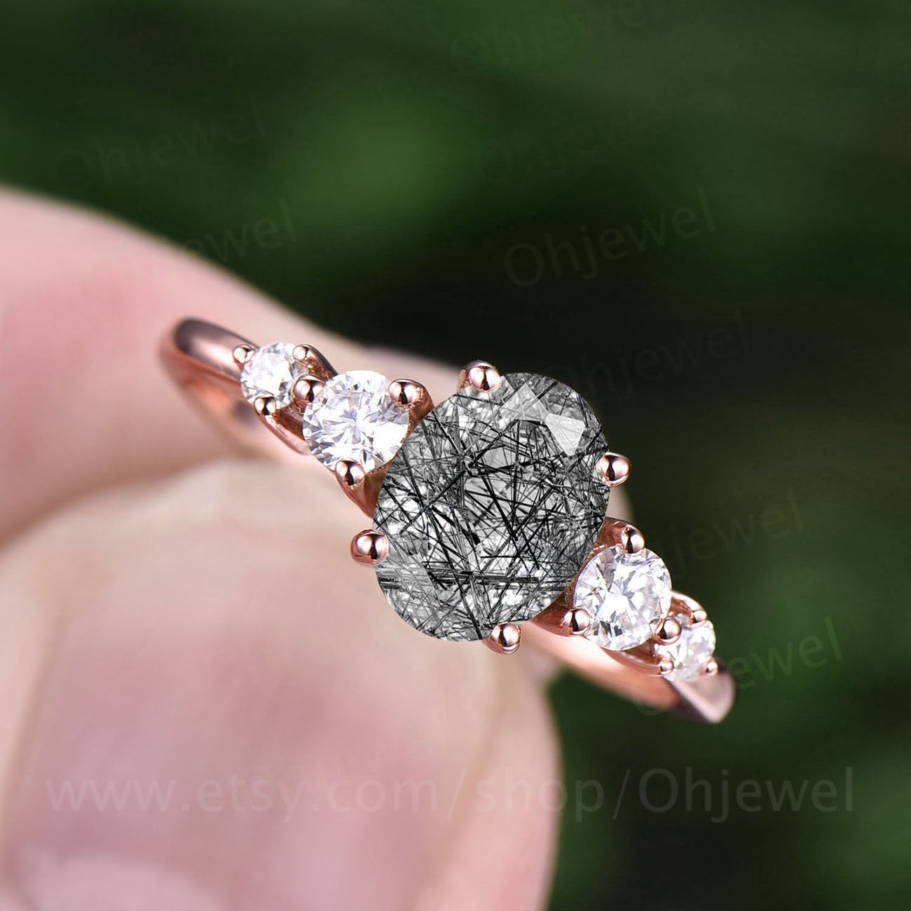 Oval cut black rutilated quartz engagement ring rose gold five sotne moissanite vintage Art deco Dainty unique Anniversary promise ring gift