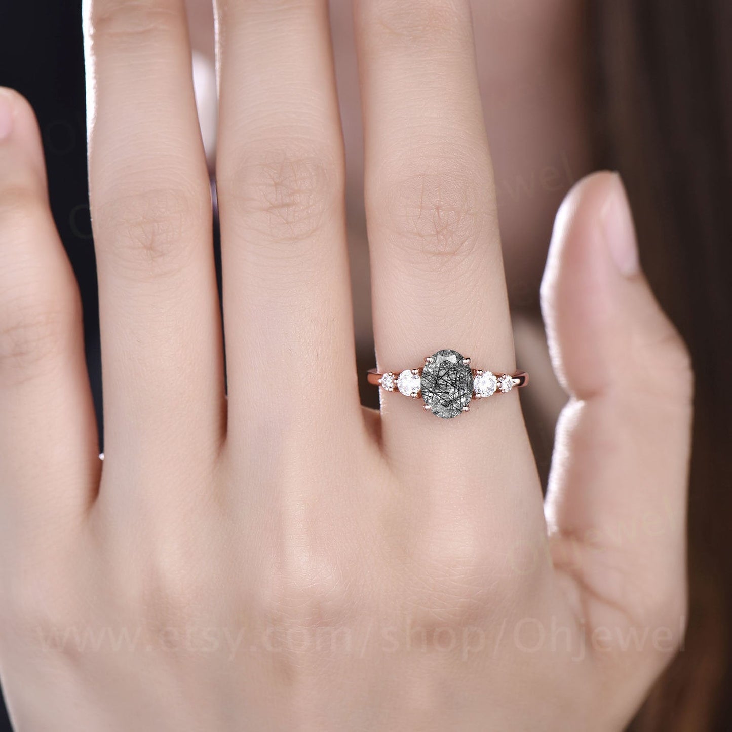 Oval cut black rutilated quartz engagement ring rose gold five sotne moissanite vintage Art deco Dainty unique Anniversary promise ring gift
