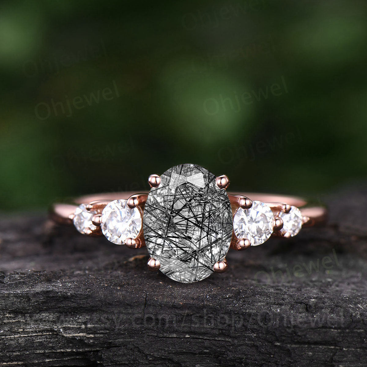 Oval cut black rutilated quartz engagement ring rose gold five sotne moissanite vintage Art deco Dainty unique Anniversary promise ring gift