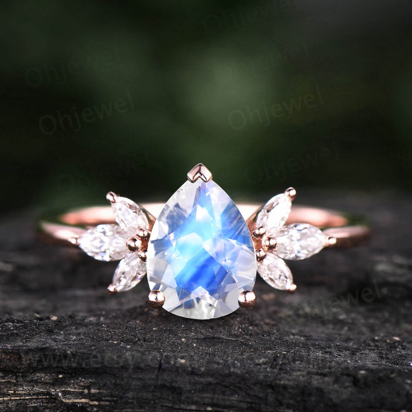 Art deco marquise engagement ring vintage moonstone engagement ring rose gold pear shaped wedding ring moissanite ring June birthstone ring