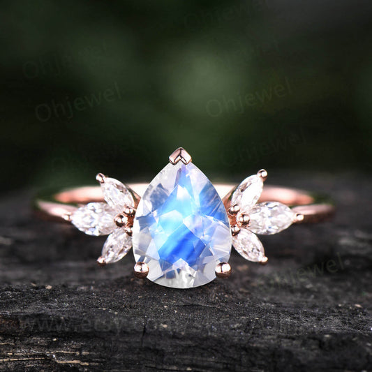 Art deco marquise engagement ring vintage moonstone engagement ring rose gold pear shaped wedding ring moissanite ring June birthstone ring