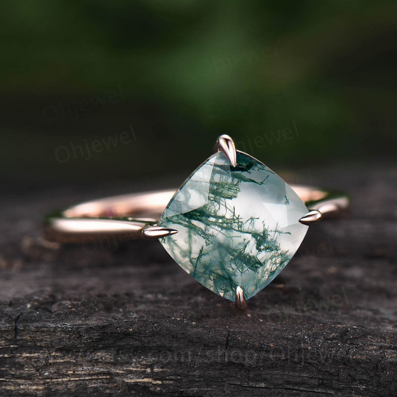 Cushion cut moss agate engagement ring vintage solitaire rose gold ring for women green organic moss ring custom jewelry anniversary gift