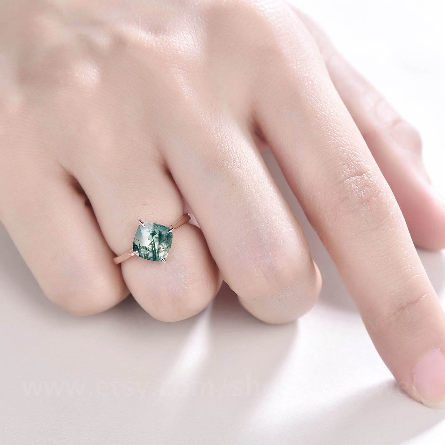 Cushion cut moss agate engagement ring vintage solitaire rose gold ring for women green organic moss ring custom jewelry anniversary gift