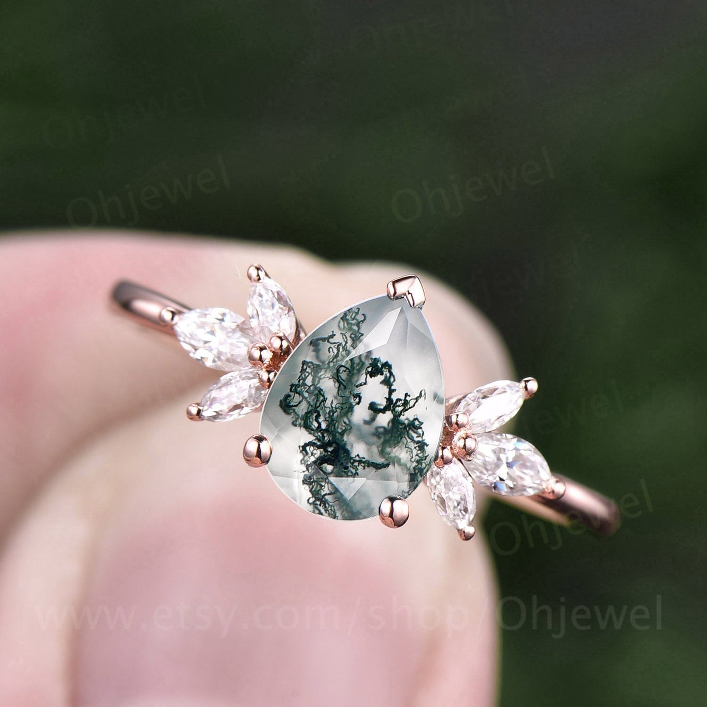 Pear shaped moss agate engagement ring women 7 stone ring vintage rose gold ring cluster marquise moissanite ring custom jewelry bridal ring