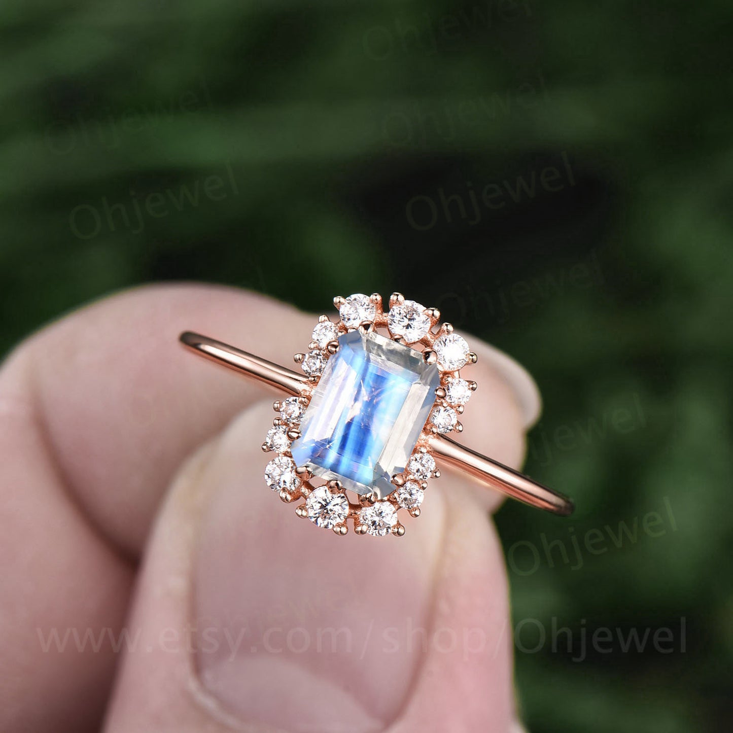 Emerald cut moonstone engagement ring rose gold vintage ring unique moissanite ring cluster halo June birthstone ring bridal wedding gift