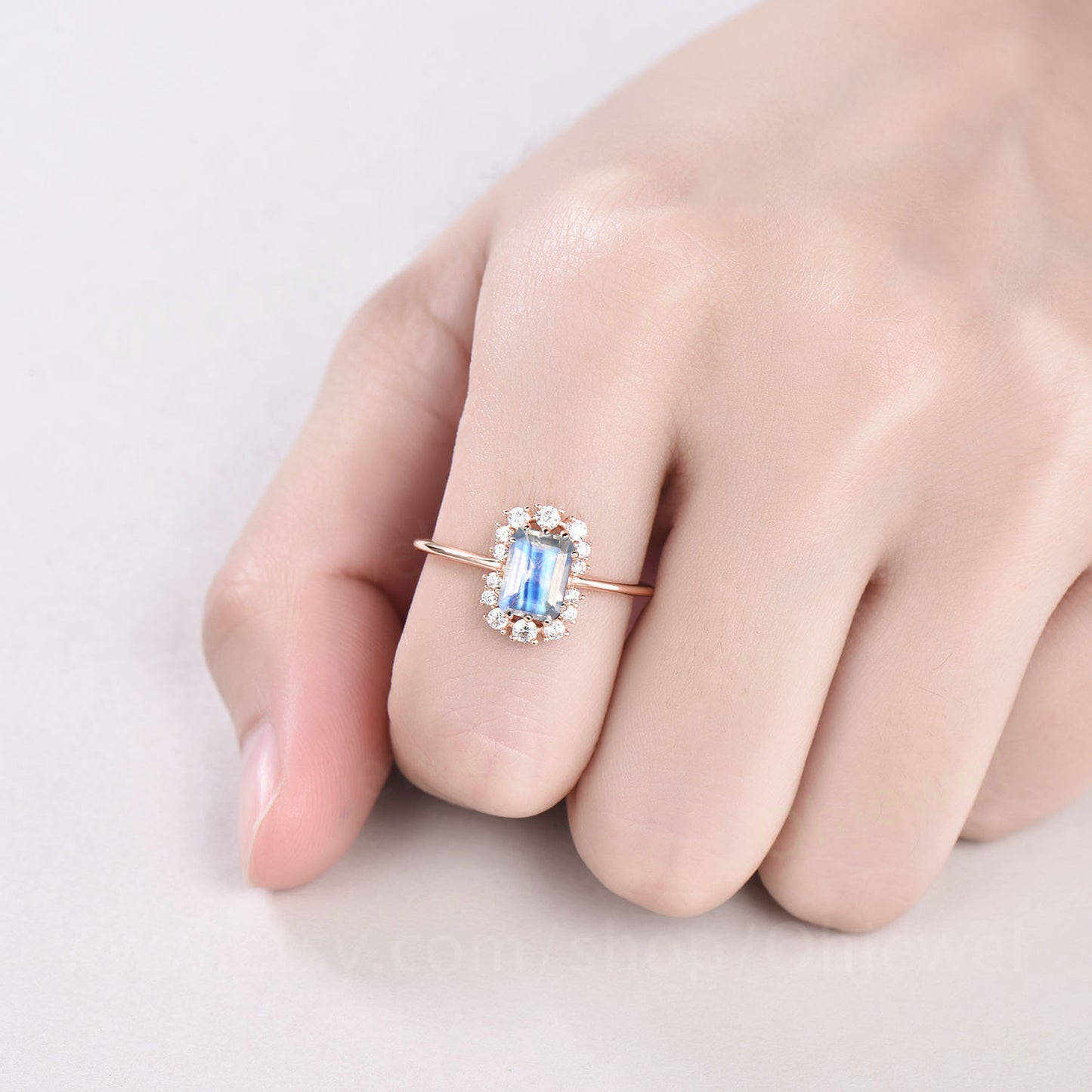 Emerald cut moonstone engagement ring rose gold vintage ring unique moissanite ring cluster halo June birthstone ring bridal wedding gift