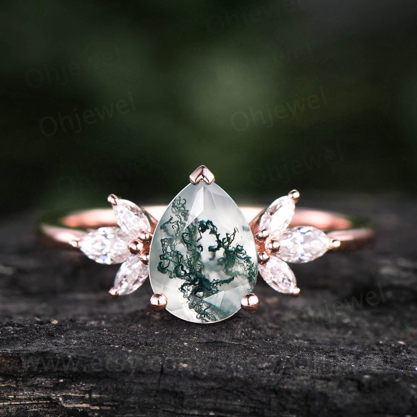 Pear shaped moss agate engagement ring women 7 stone ring vintage rose gold ring cluster marquise moissanite ring custom jewelry bridal ring