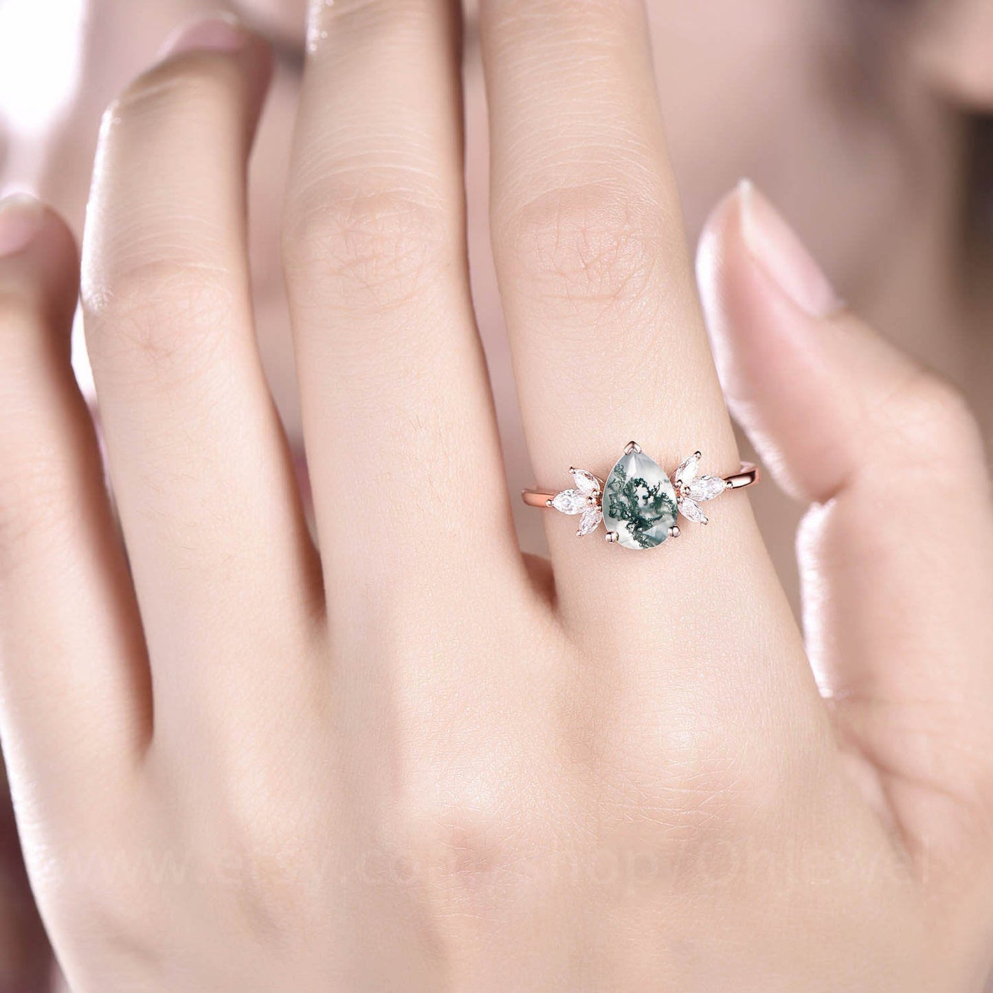 Pear shaped moss agate engagement ring women 7 stone ring vintage rose gold ring cluster marquise moissanite ring custom jewelry bridal ring