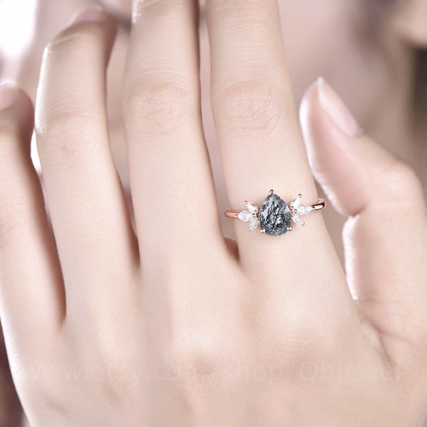 Pear shaped black rutilated quartz engagement ring vintage 7 stone rose gold ring art deco moissanite ring unique bridal ring for women gift