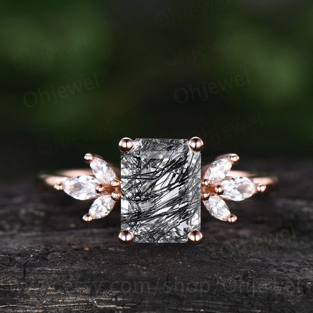 Emerald cut black quartz rutilated engagement ring vintage rose gold engagement ring 7 stone moissanite ring anniversary gift for women