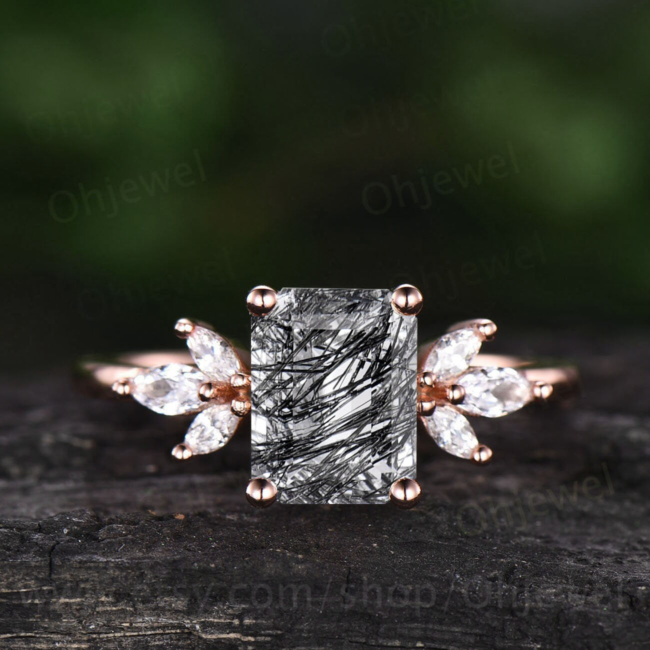 Emerald cut black quartz rutilated engagement ring vintage unique rose gold engagement ring 7 stone moissanite ring for women wedding ring
