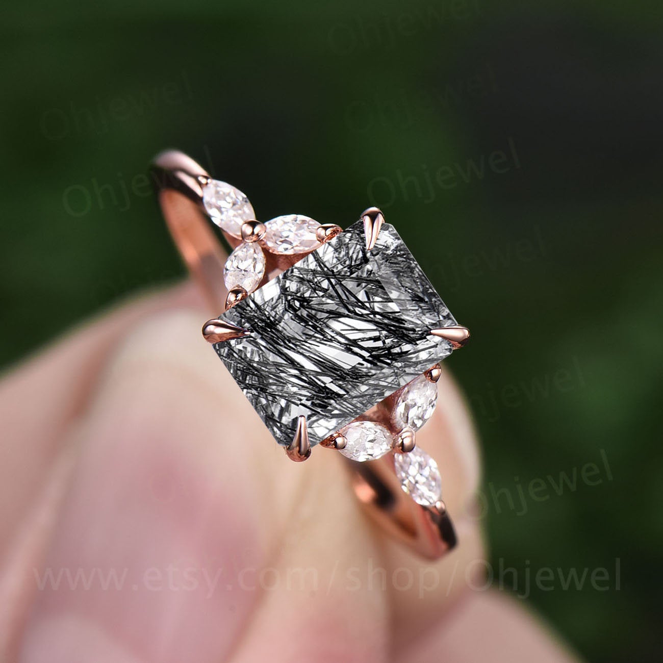 Vintage emerald cut black quartz rutilated engagement ring for women 7 stone ring art deco moissanite ring rose gold ring black stone ring