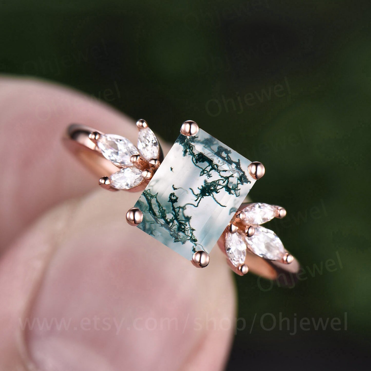 Emerald cut green moss agate ring gold siver vintage unique moss agate engagement ring rose gold art deco moissanite wedding ring for women