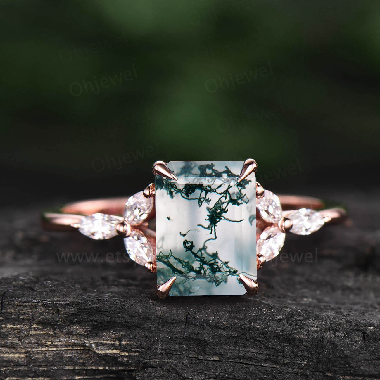 Moss agate ring vintage emerald cut moss agate engagement ring art deco flower 7 stone marquise moissanite ring rose gold silver for women