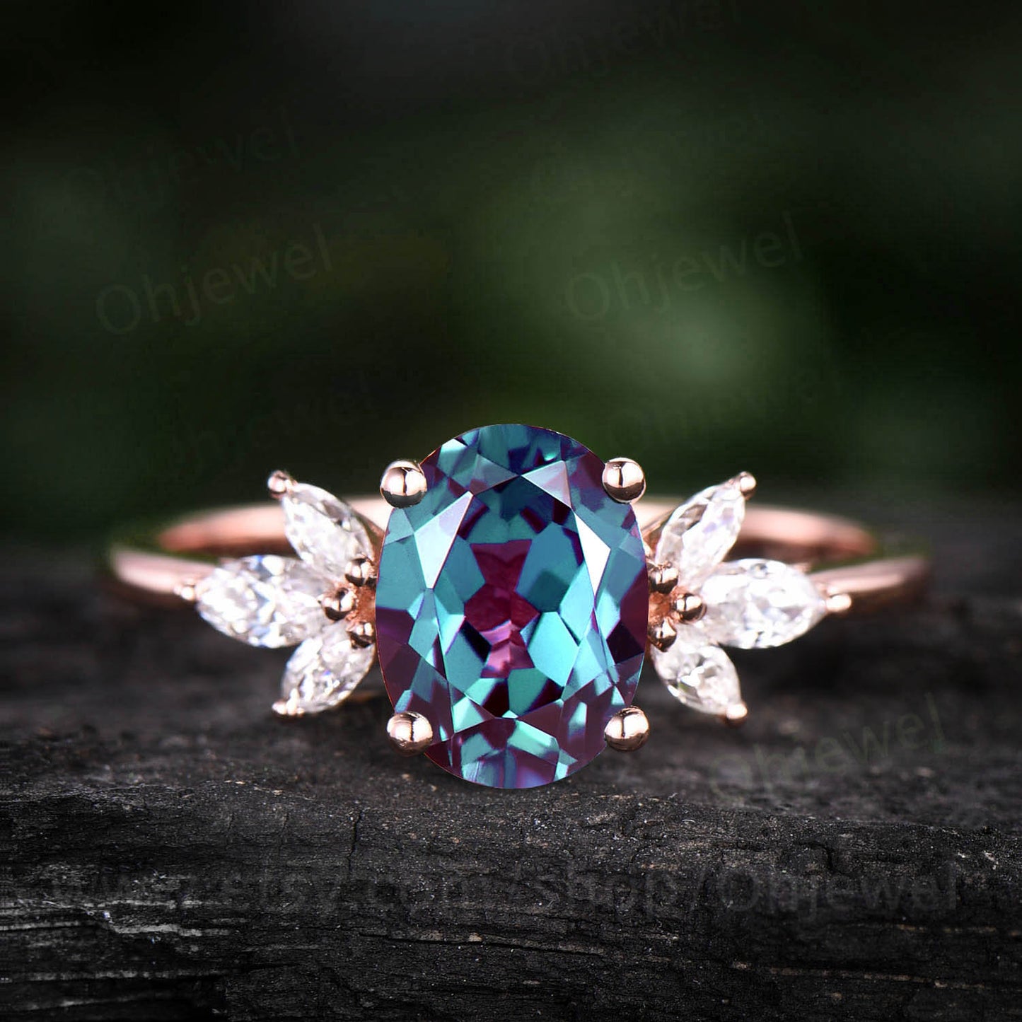 Oval cut Alexandrite ring rose gold vintage Alexandrite engagement ring for women June birthstone jewelry art deco moissanite bridal ring