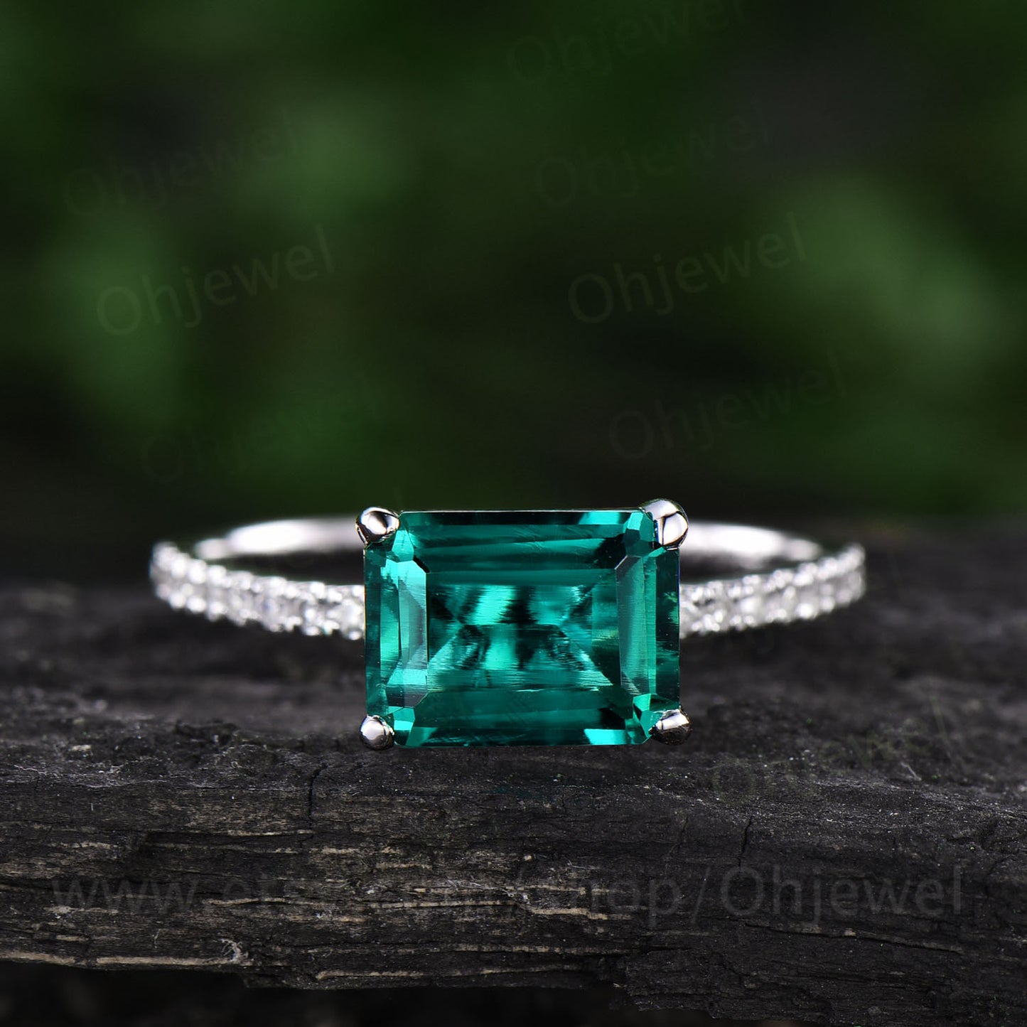 Emerald cut emerald ring for women vintage emerald engagement ring white gold unique wedding ring half eternity diamond ring promise ring