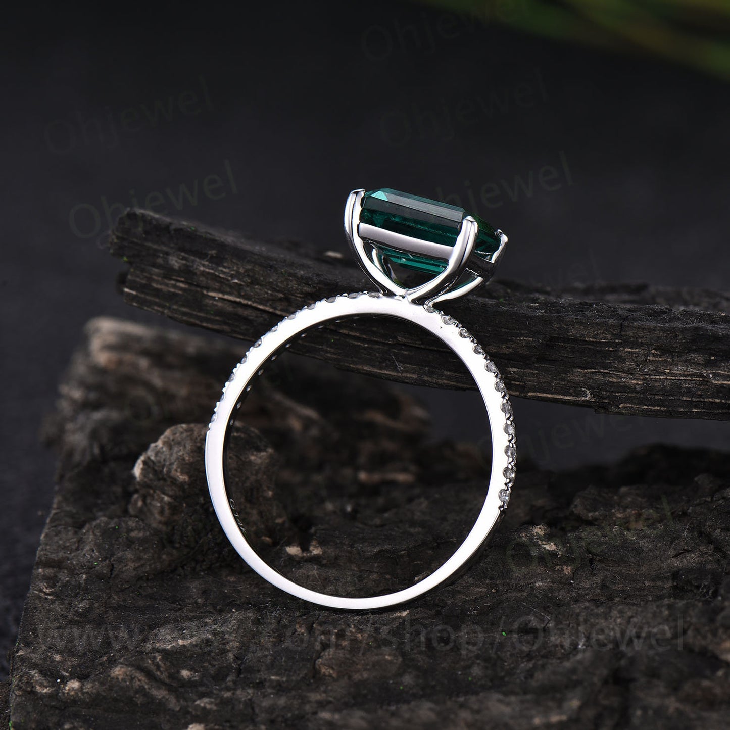 Emerald cut emerald ring for women vintage emerald engagement ring white gold unique wedding ring half eternity diamond ring promise ring