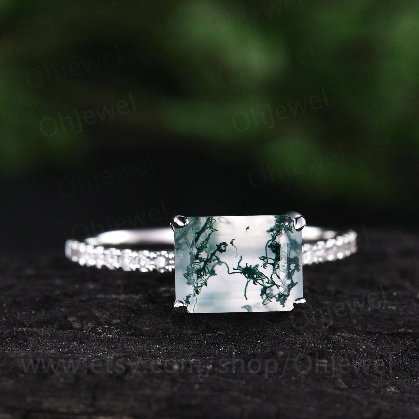 Emerald cut moss agate engagement ring vintage white gold half eternity diamond ring for women green moss ring dainty unique wedding ring