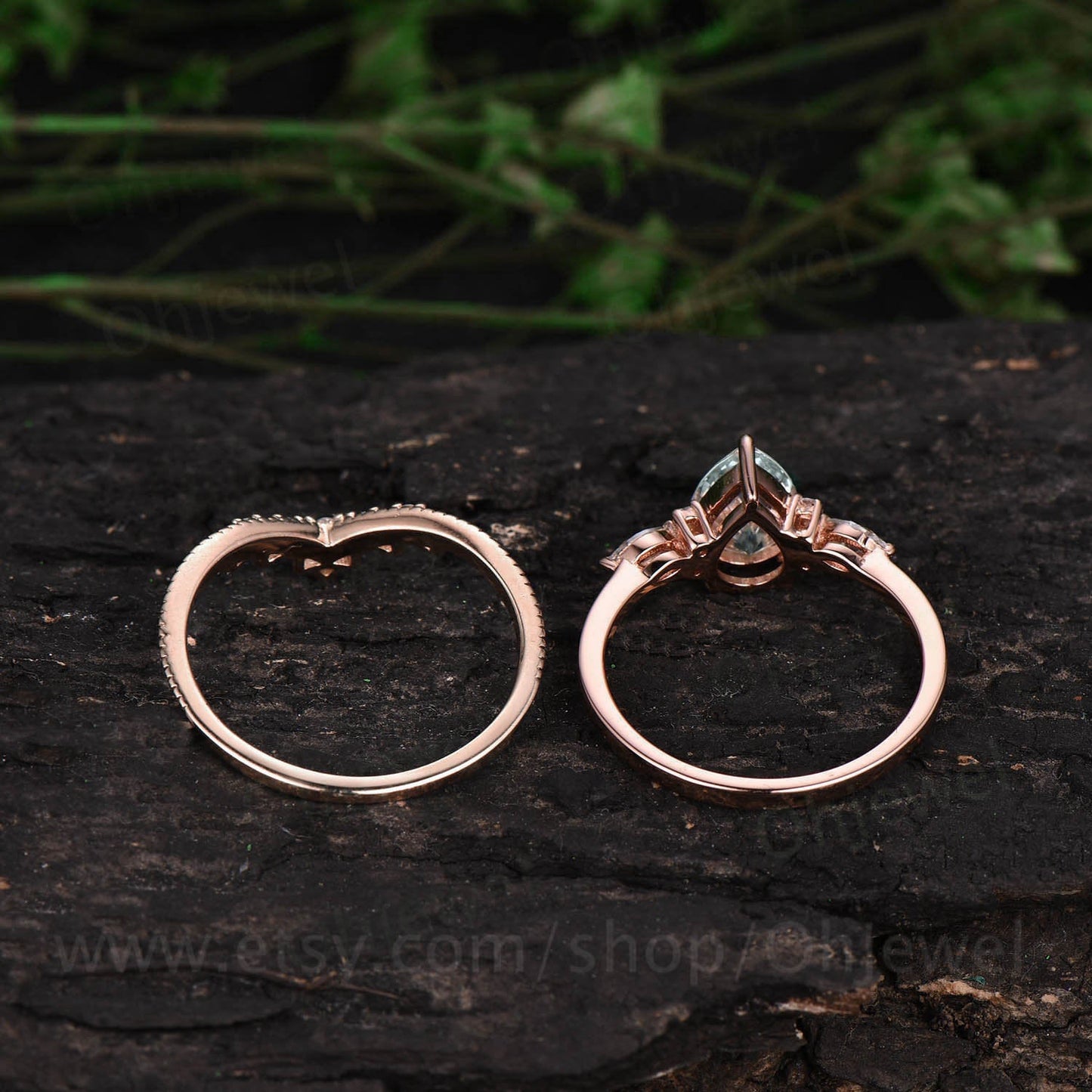 Pear cut moss agate engagement ring set vintage rose gold ring set art deco moissanite bridal set Milgrain wedding band antique jewelry gift